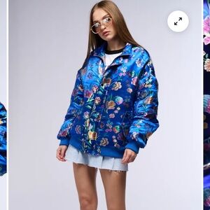 AKIRA OLLIE BLUE METALLIC MULTI COLOR BROCADE BOMBER JACKET SIZE SMALL